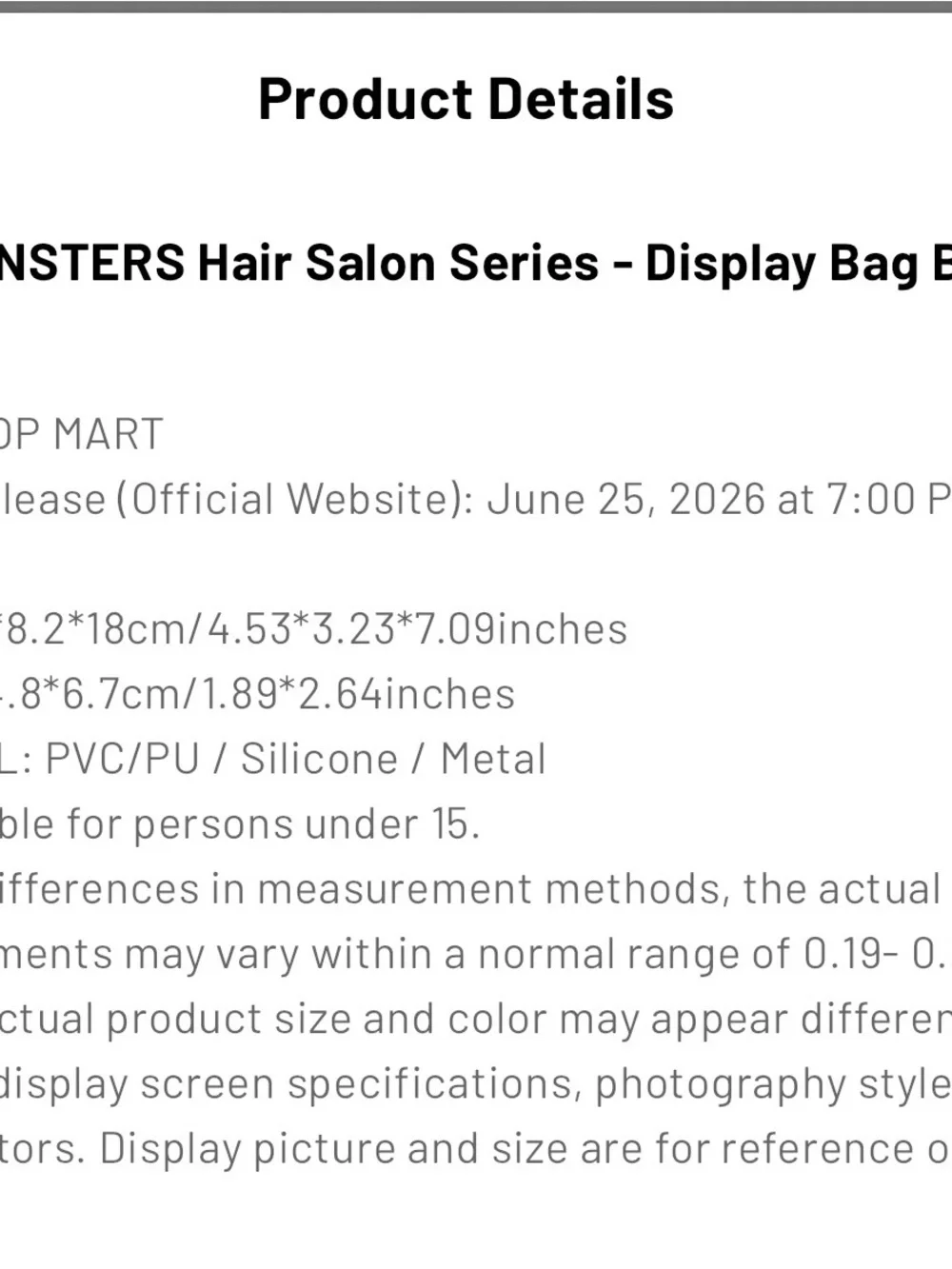 Popmart monster display bag loose waves
